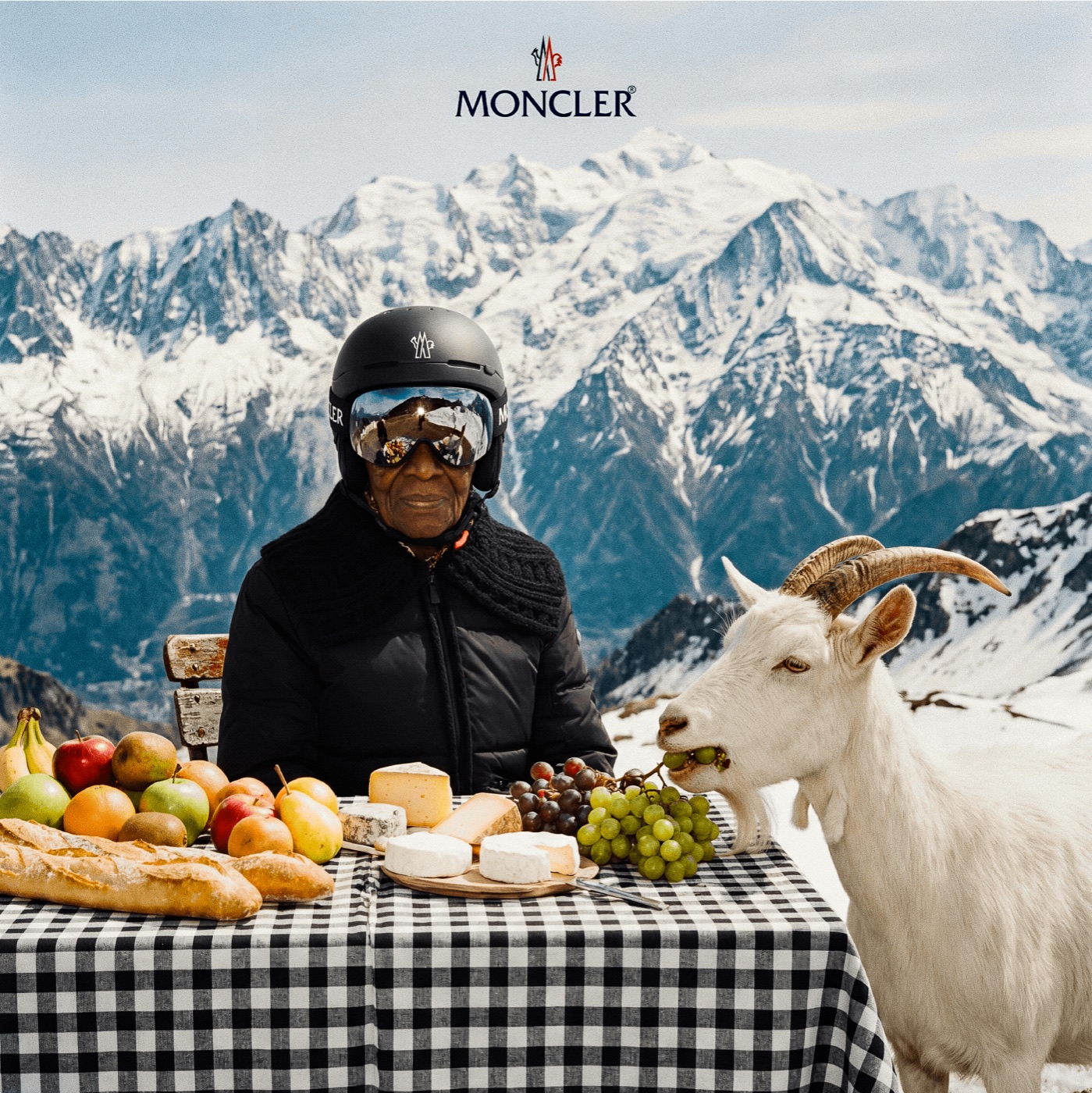 Moncler — alpine scene, goat and high-mountain picnic